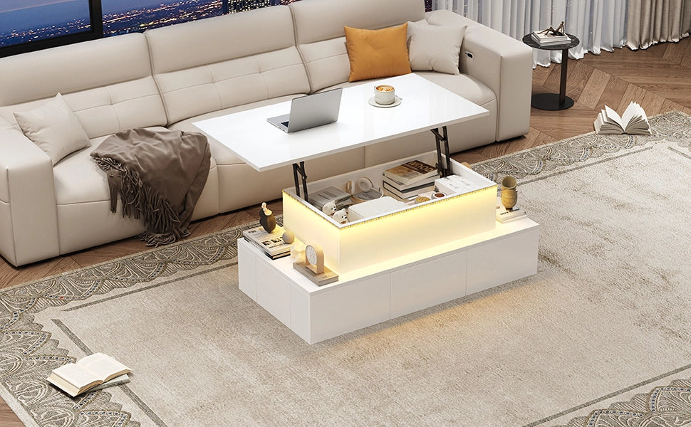 TAVOLINO Alzabile 100x50x40 cm MDF Bianco Lucido con 4 Cassetti e LED