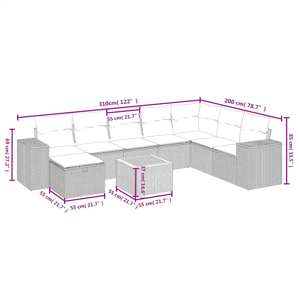 Set Divano da Giardino 9 pz con Cuscini Beige in Polyrattan