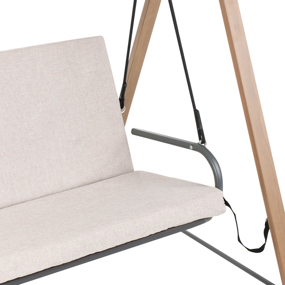 Dondolo da giardino in tessuto beige con struttura in acciaio a 3 posti
