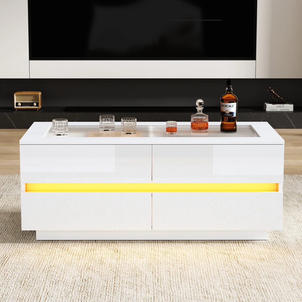 Tavolino da Salotto Bianco Moderno 100x50x40cm con 4 Cassetti e Luci LED
