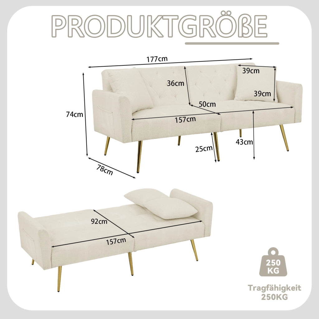 Divano a 2 posti con schienale regolabile a 3 posizioni, cuscini coordinati, in tessuto teddy beige