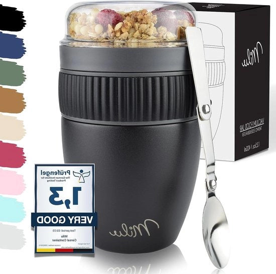 Bicchiere da to-go 400ml per muesli con coperchio isolante per yogurt, bicchiere a prova di latticello con cucchiaio per yogurt-pappa (Nero)