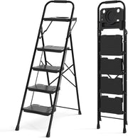 Scala a 4 Gradini, Scaletta Pieghevole in Acciaio con Antiscivolo per Piedi e Maniglia e Vassoio Porta Attrezzi, Carico Massimo 150kg, per Cucina, Giardino e Ufficio