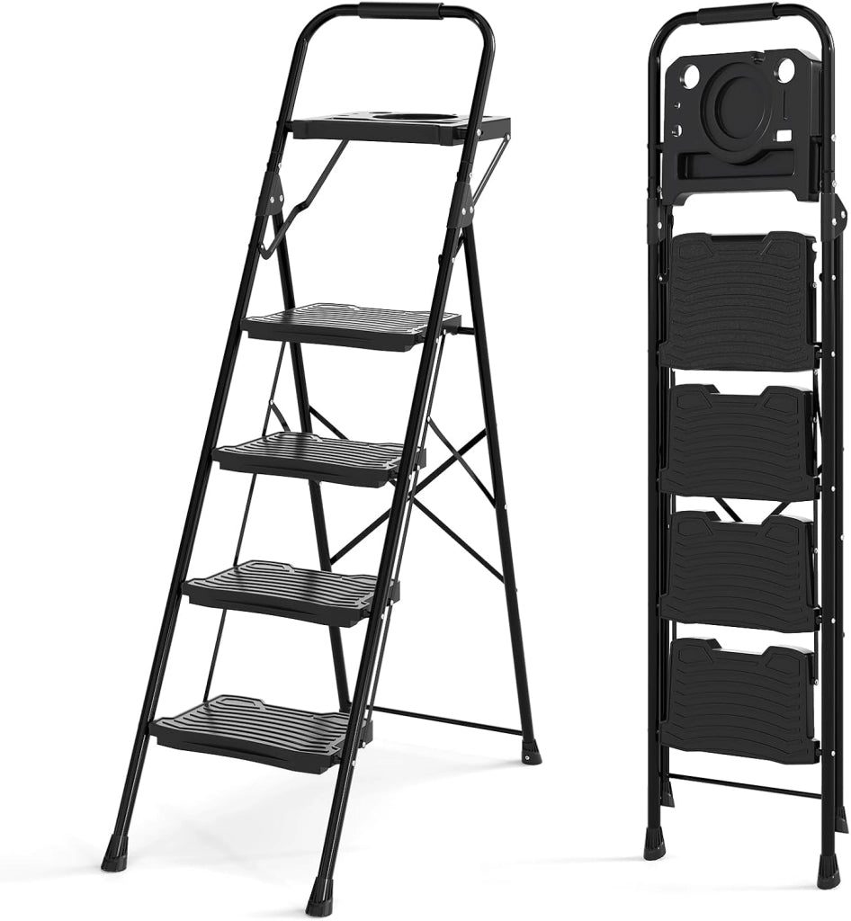Scala a 4 Gradini, Scaletta Pieghevole in Acciaio con Antiscivolo per Piedi e Maniglia e Vassoio Porta Attrezzi, Carico Massimo 150kg, per Cucina, Giardino e Ufficio