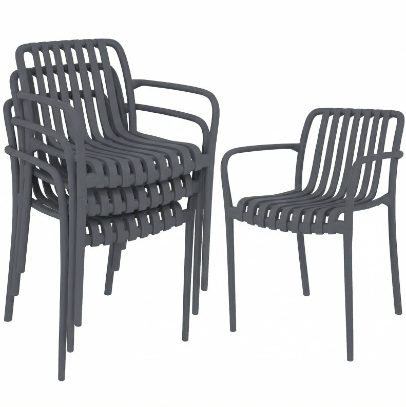 Set 4 sedie da giardino impilabili con braccioli; design a lamelle; grigio scuro