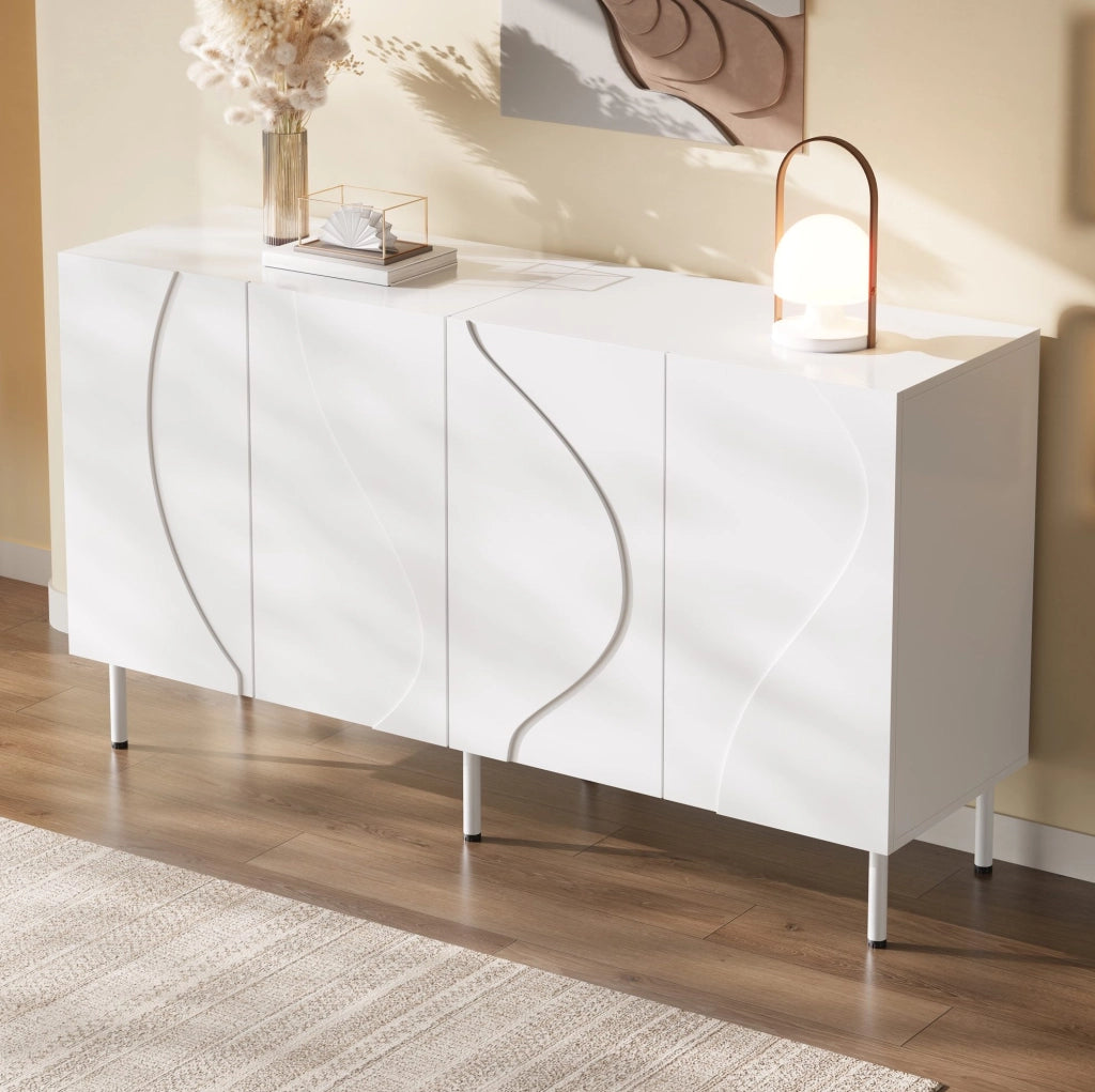 Sideboard moderno bianco 140x40x77;5 cm in PB e MDF; 4 ante con apertura push-to-open