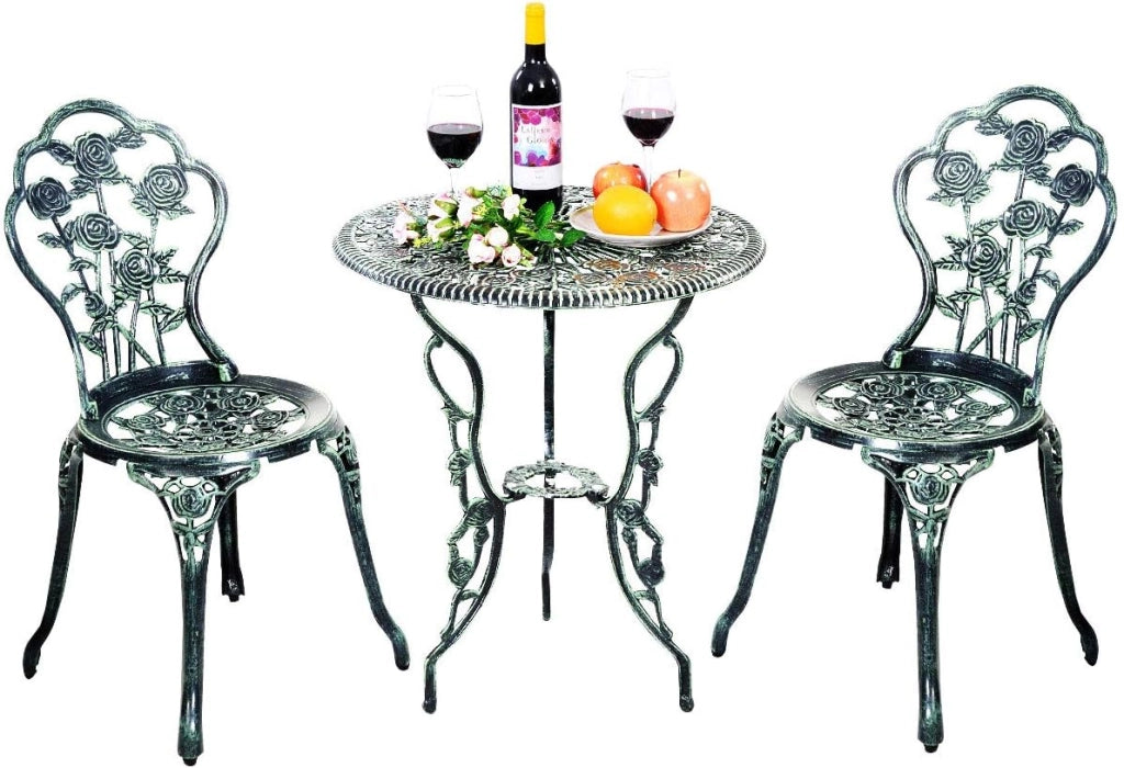 Set Tavolino e Sedie da Giardino, Set da Bistro con Sedie in Alluminio e Ghisa, Mobile da Esterno con Tavolino Rotondo e 2 Sedie, Tavolino Portato 45 kg, Sedia Portata 150 kg (Verde)
