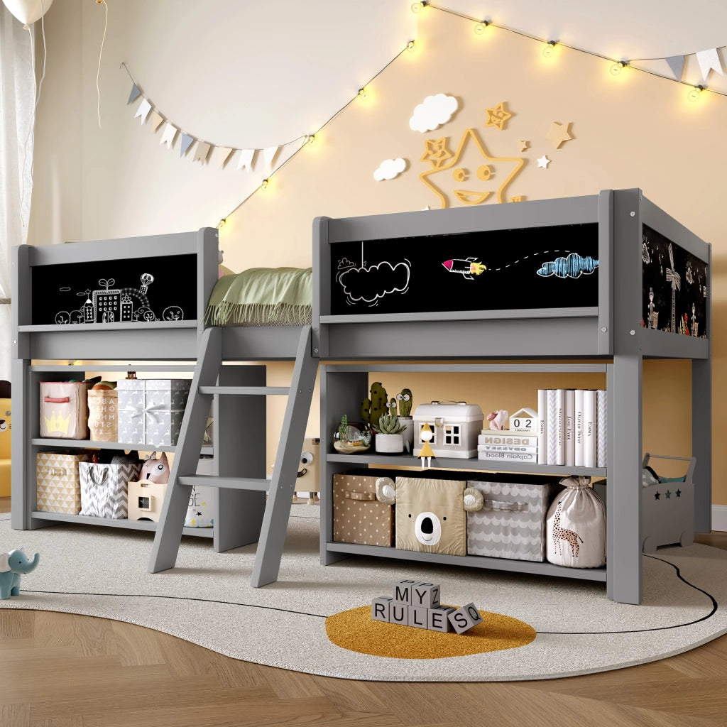 OKWISH Letto a soppalco 90×200 cm, Letto Singolo con Mensole Portaoggetti, Lavagna e Sponda di Sicurezza, senza Materasso, in Pino, Grigio