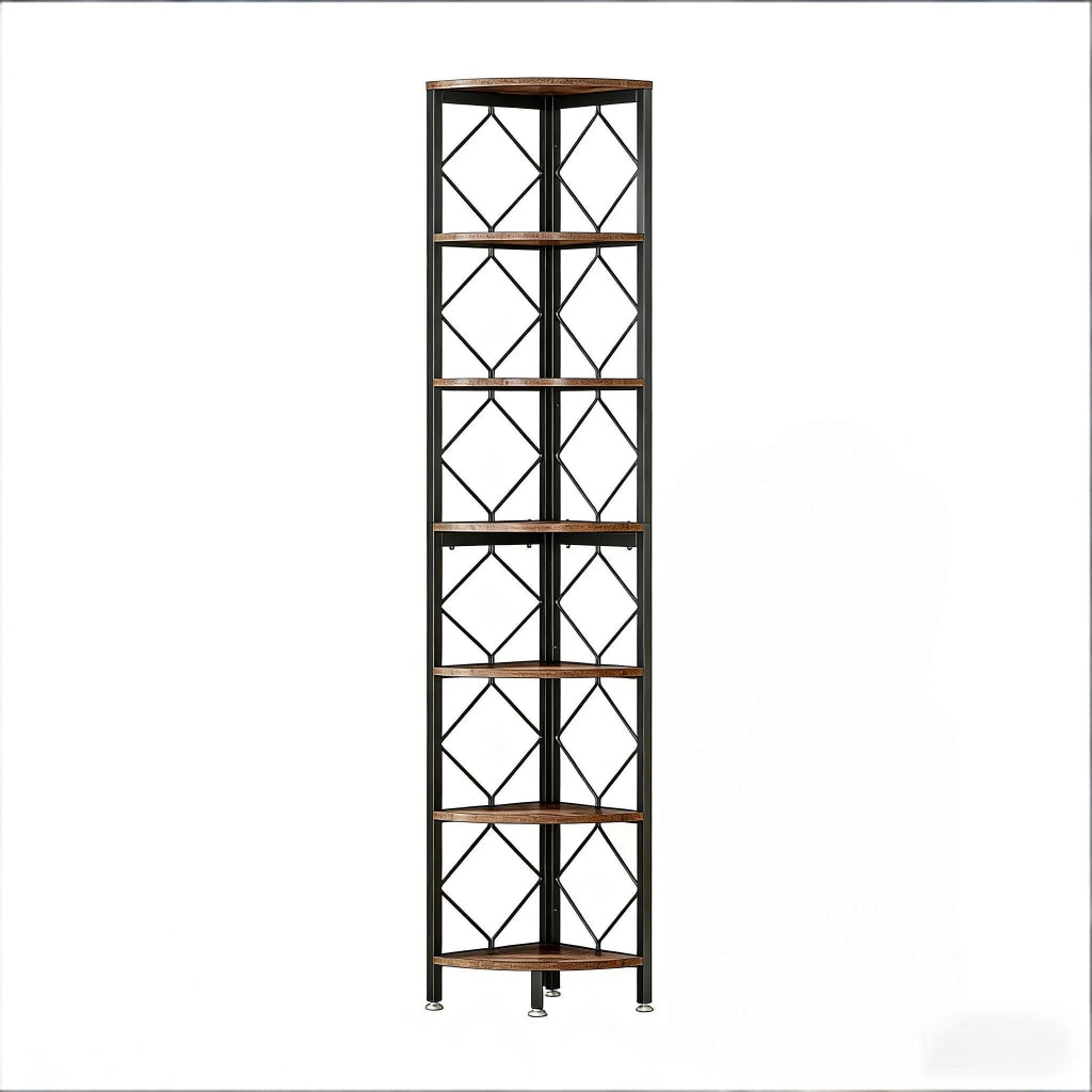 Scaffale angolare slim a 7 ripiani per piccoli spazi, design salvaspazio in metallo e legno, colore Nero/Marrone