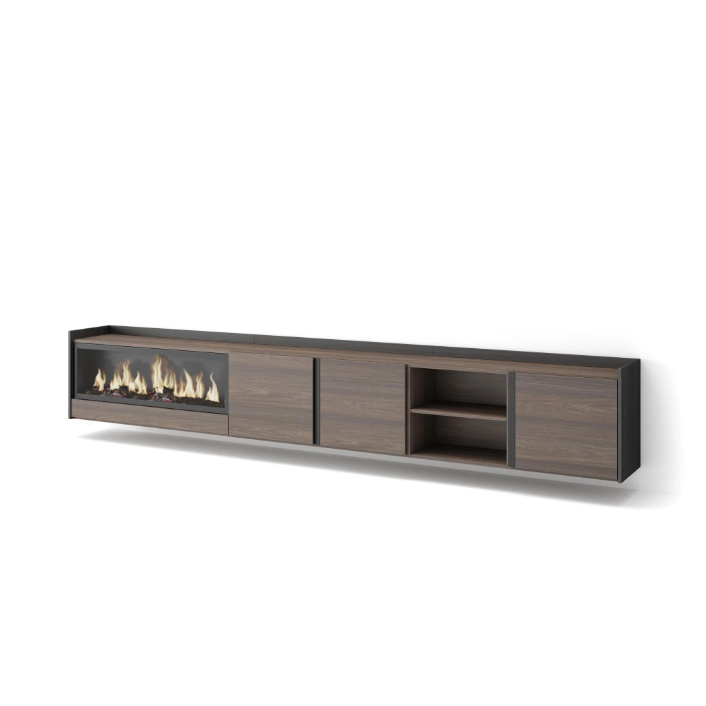Mobile TV Soggiorno, 315x50x35 cm, Per TV fino a 80", Camino elettrico XXL, Sospeso, da appendere, Rovere scuro e Nero