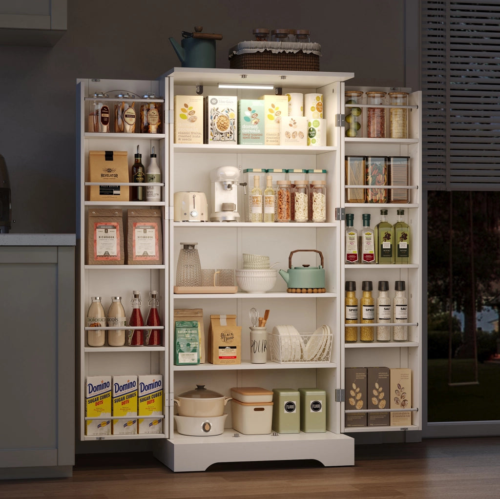 Credenza da cucina bianca 60x35x128 cm in MDF e PB con luce LED sensor e ripiani regolabili