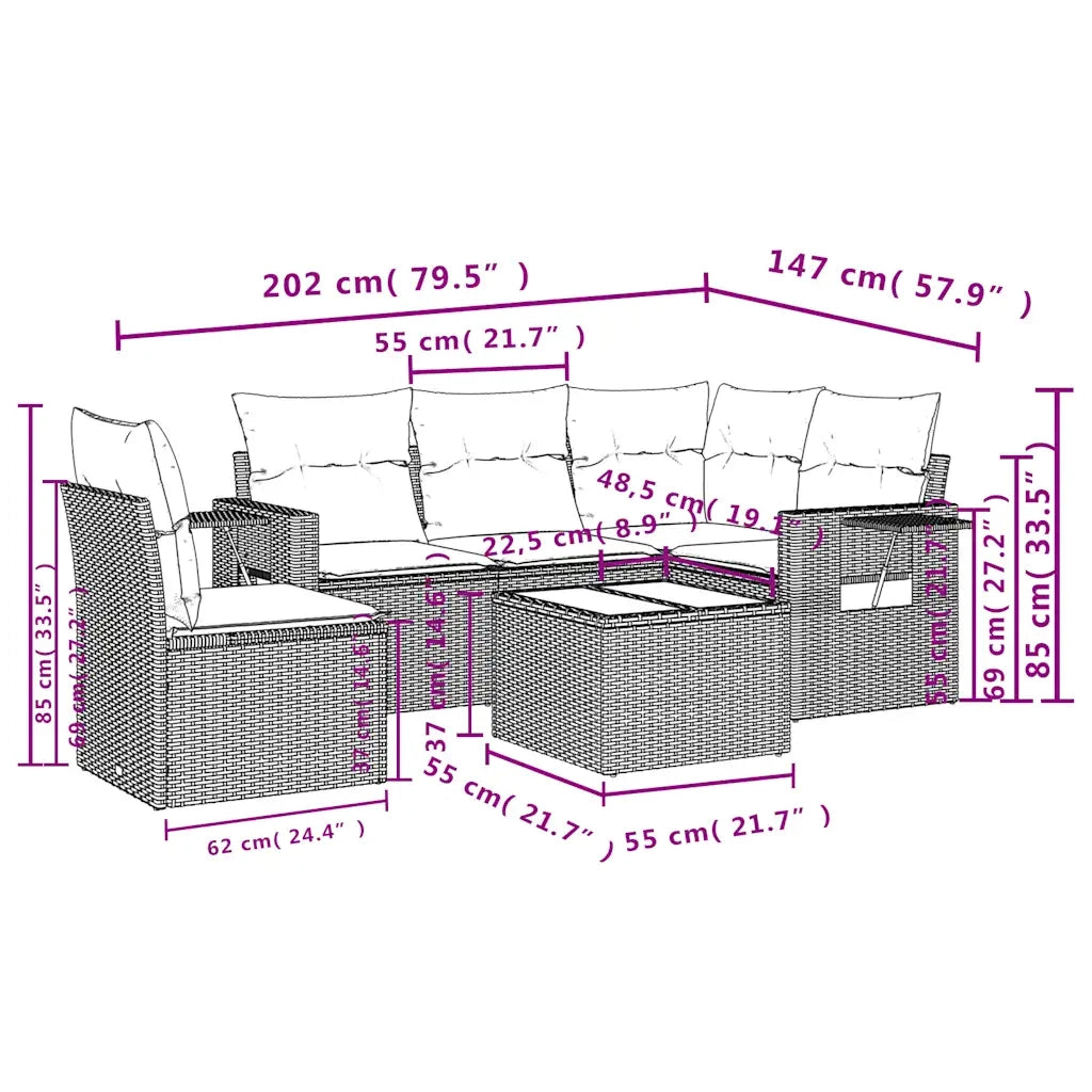 Set Divano da Giardino 6pz con Cuscini Grigio Chiaro Polyrattan
