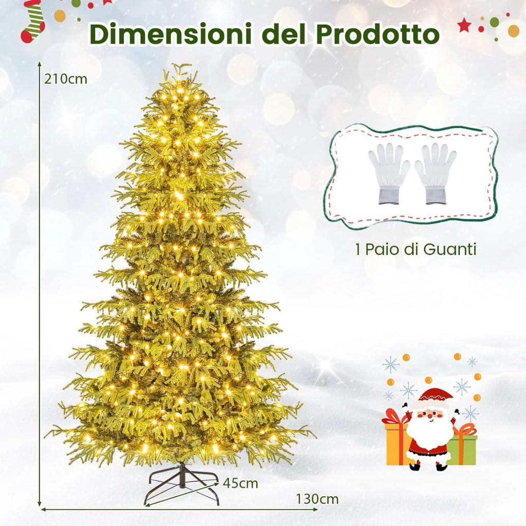 Albero di Natale 210 cm, Albero di Natale Pre-illuminato con 370 Luci LED Bianco Caldo, 1090 Punte di Rami & Base in Metallo Pieghevole, Decorazione Natalizia (210 cm)