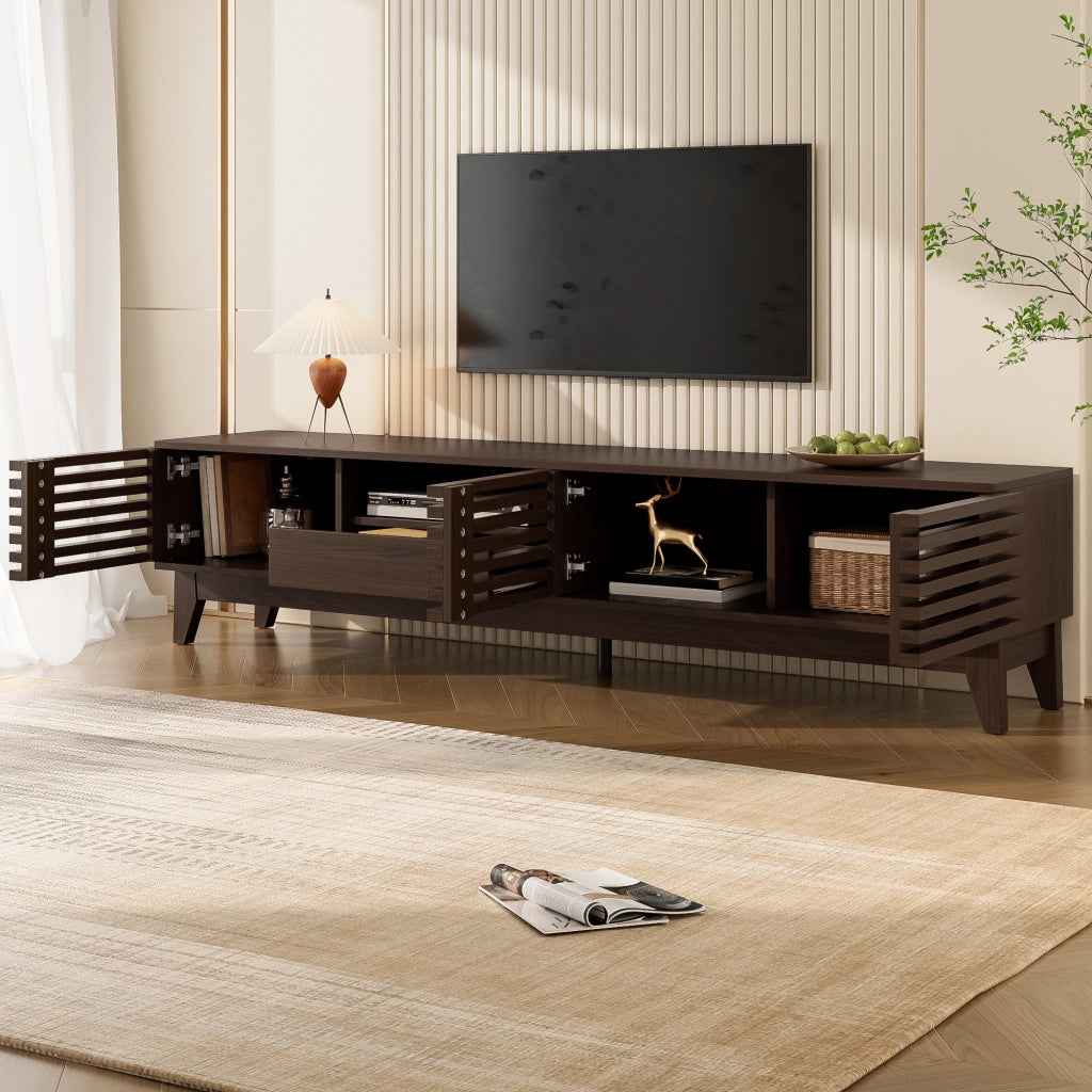 Mobile TV con 3 Ante; 1 Cassetto e Vani Aperti; Passacavi; per Soggiorno; in Pannelli di Particelle; 170 × 35 × 40 cm; Naturale