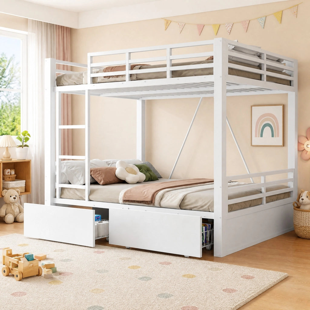 Letto a castello 140x200 cm in metallo; con cassetti; scala integrata; bianco