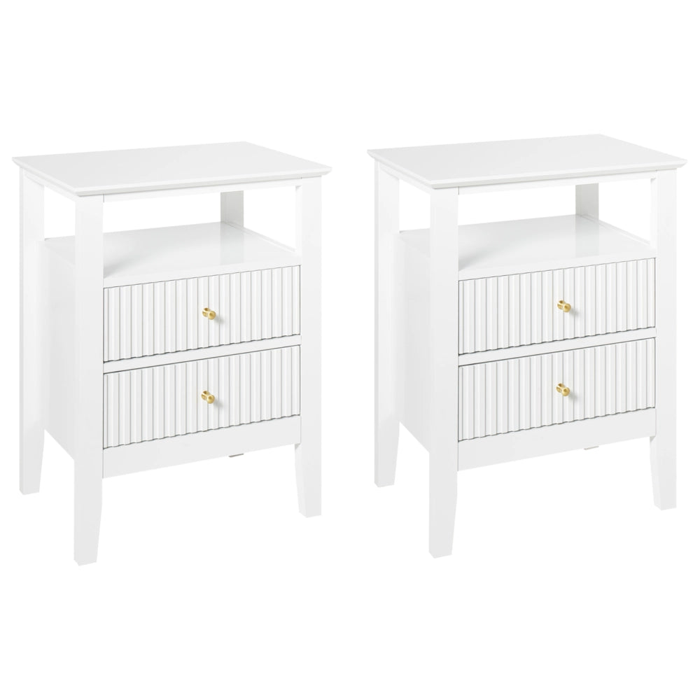 Set di 2 Comodini a 2 cassetti MDF bianco 1 ripiano Maniglia oro Camera da letto Elegante