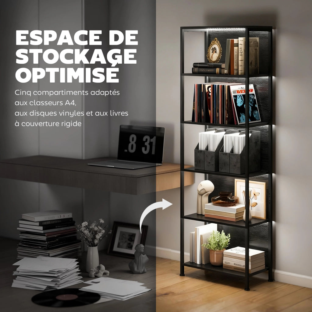Libreria scaffale illuminazione LED 5 livelli ¨C zephmum ¨C 60x30x179 cm nero metallo