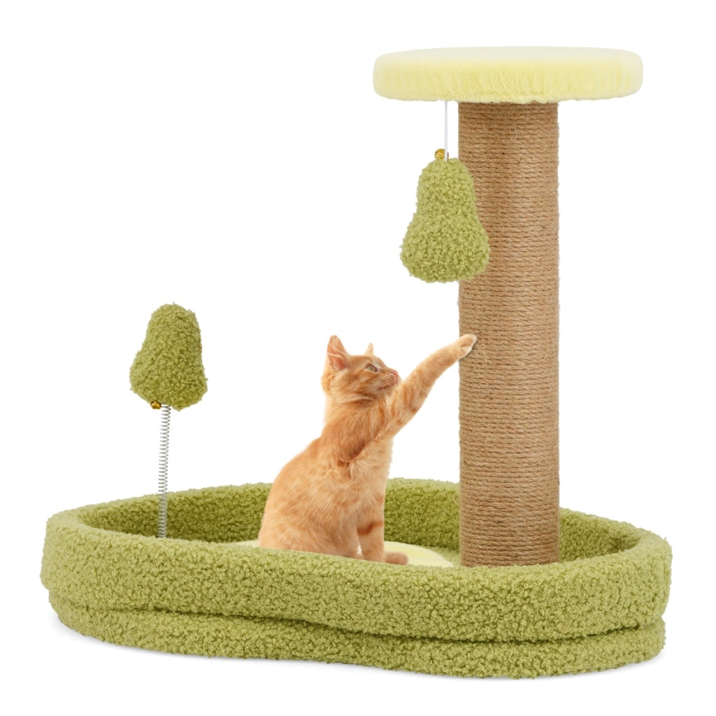 Tiragraffi per gatti in juta con giocattolo a molla, Albero tiragraffi per gatti con cuccia a tema avocado Verde-Alberi Tiragraffi
