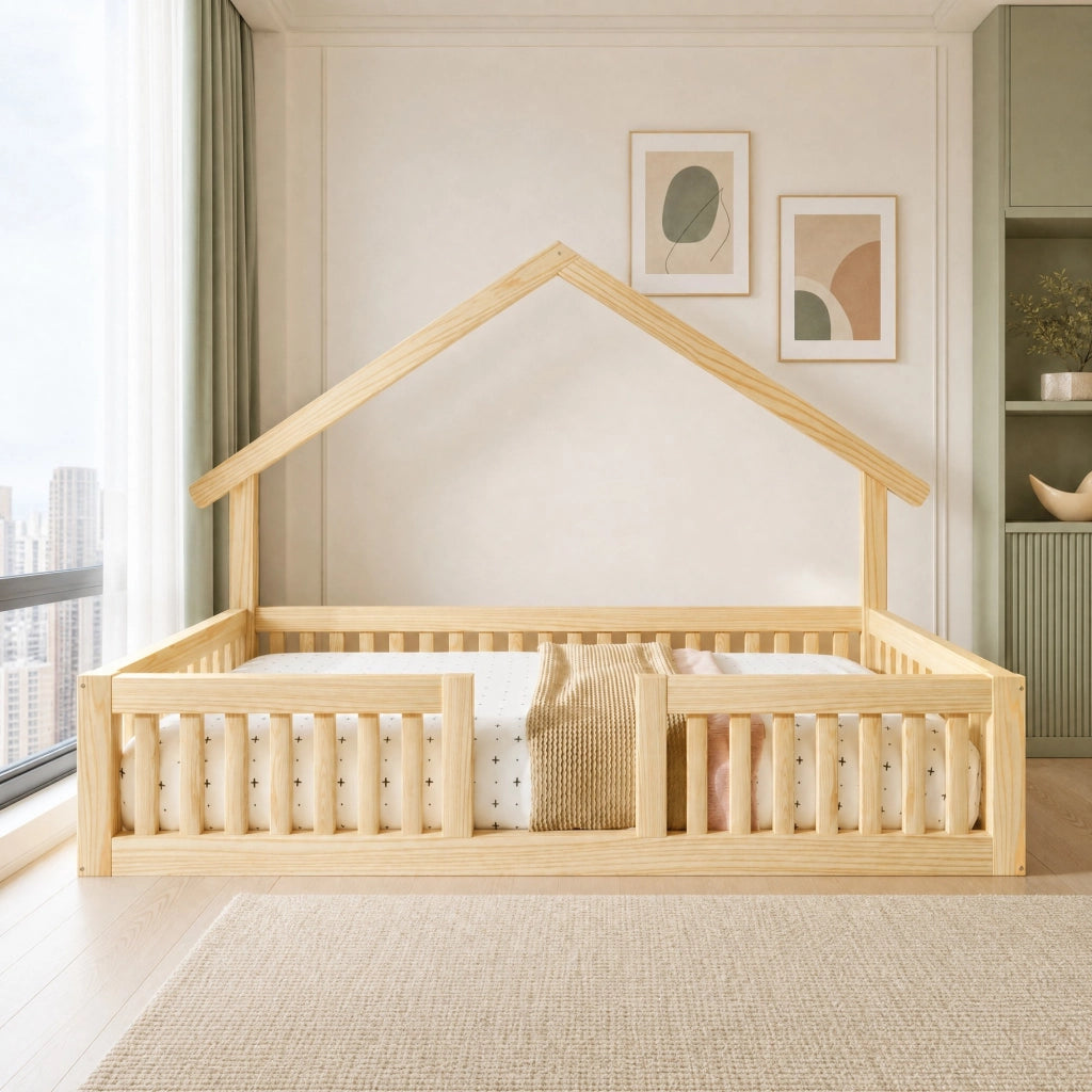 Letto a casetta 90x200 cm con sponda di sicurezza e luci LED in legno colore naturale