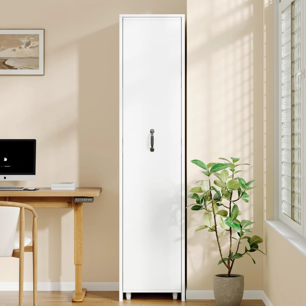 Libreria stretta con ruote e box protettivi; sponde di sicurezza in MDF bianca per libri A4 40 × 30 × 160.5 cm
