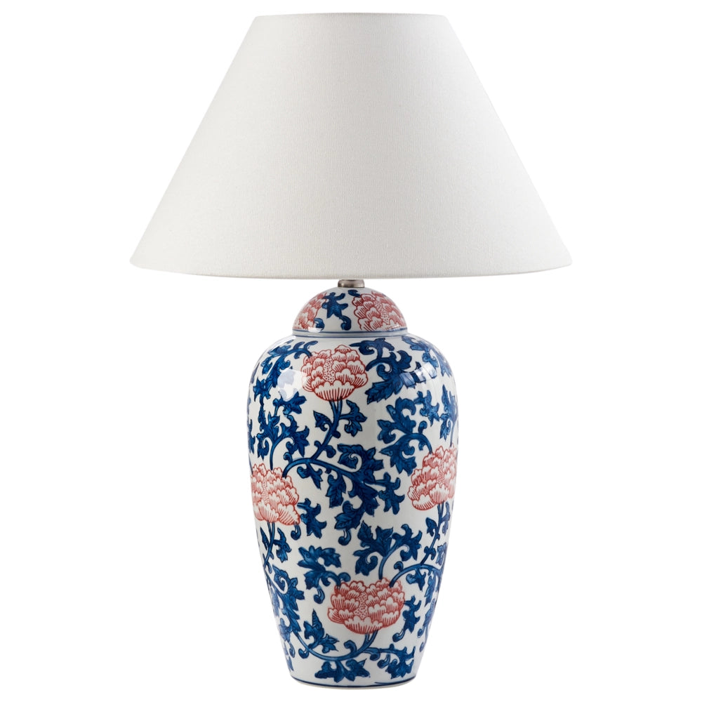 Lampada da tavolo Base in porcellana bianca e blu Paralume a campana in lino con patten floreale Illuminazione elegante