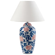 Lampada da tavolo Base in porcellana bianca e blu Paralume a campana in lino con patten floreale Illuminazione elegante