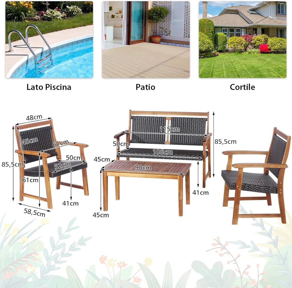 4 Pezzi Set Mobili da Esterno in Legno di Acacia, Set di Tavolino e Sedie con Seduta e Schienale in Rattan, Set Salotto per Giardino Patio e Terrazza