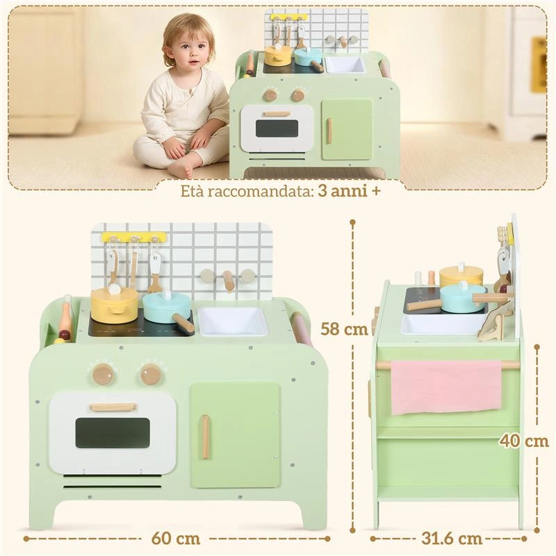 SET CUCINA GIOCATTOLO IN LEGNO PER BAMBINI DA 3+ ANNI CON 15 ACCESSORI, VERDE