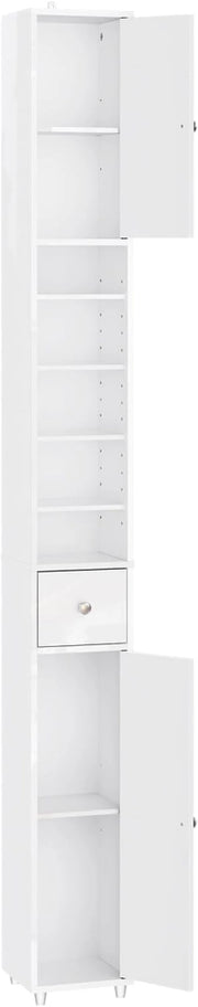 Bianco Lucido Mobile Bagno Salvaspazio Colonna Bagno - Mobiletto Bagno Stretto 20x20x180cm con 6 Ripiani Regolabili e Cassetto - Armadietto Bagno Alto per Piccoli Spazi BZR167-GW