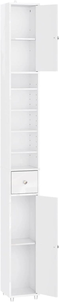 Bianco Lucido Mobile Bagno Salvaspazio Colonna Bagno - Mobiletto Bagno Stretto 20x20x180cm con 6 Ripiani Regolabili e Cassetto - Armadietto Bagno Alto per Piccoli Spazi BZR167-GW