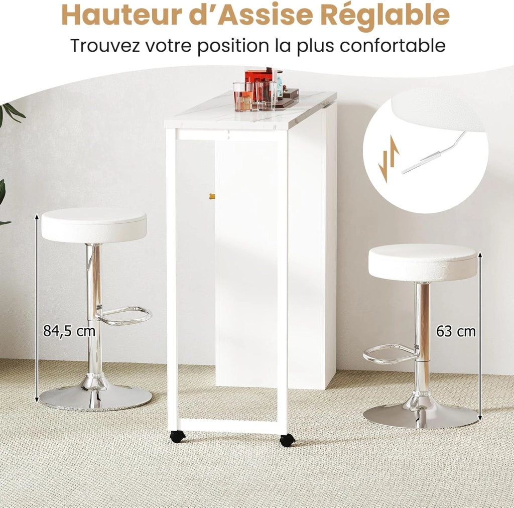 Set di 2 sedie da bar, sgabello girevole a 360° con poggiapiedi, base rotonda e antiscivolo, altezza regolabile da 65 a 85 cm, sedie alte per cucina, bar e soggiorno, colore: bianco