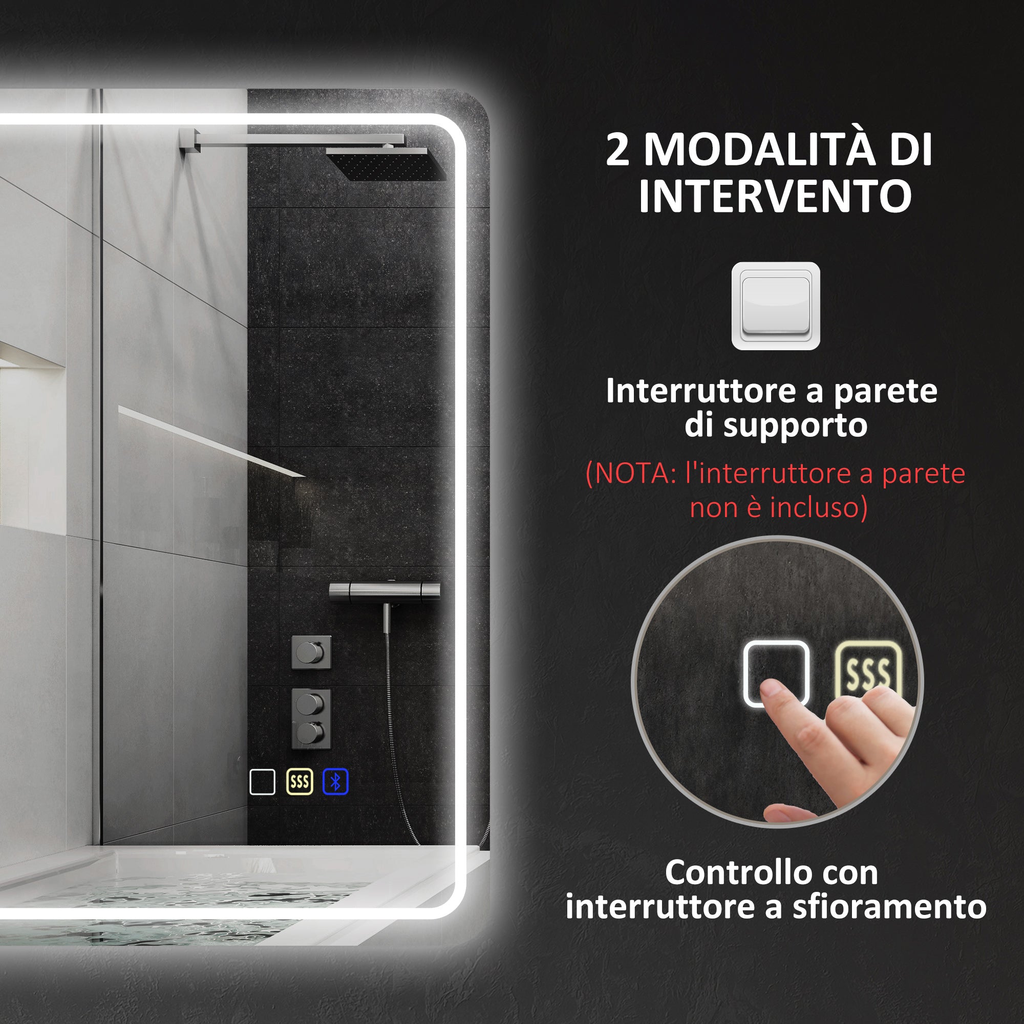 Specchio Bagno 70x50x3,5 cm LED con Bluetooth Illuminazione Regolabile e Funzione Memory in Vetro Temperato