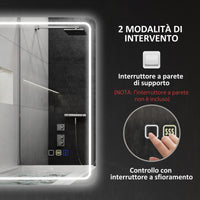 Specchio Bagno 70x50x3,5 cm LED con Bluetooth Illuminazione Regolabile e Funzione Memory in Vetro Temperato