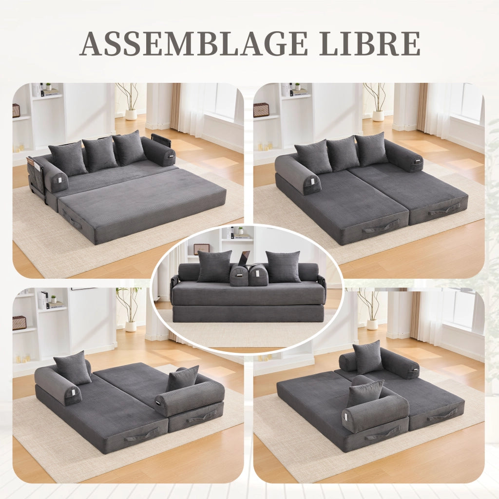 Divano modulare a 2 posti in velluto a coste grigio scuro con 3 cuscini e tasca laterale 200 × 94 × 67 cm
