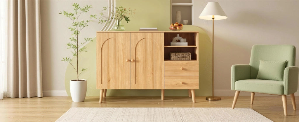 Credenza e madia con 2 ante 2 cassetti e vani aperti per soggiorno sala da pranzo e ingresso naturale 118 × 35 × 82 cm