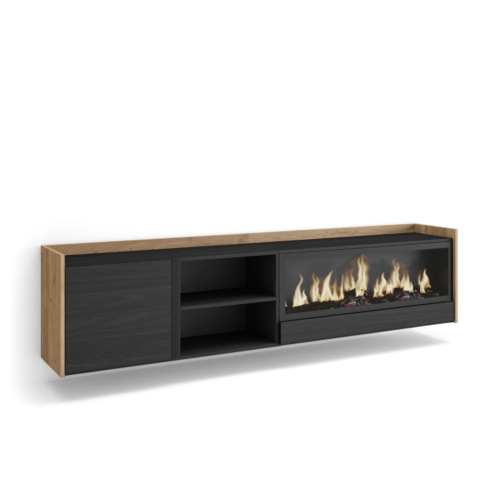 Mobile TV Soggiorno, 212x50x35 cm, Per TV fino a 80", Camino elettrico XXL, Sospeso, da appendere, Nero e rovere