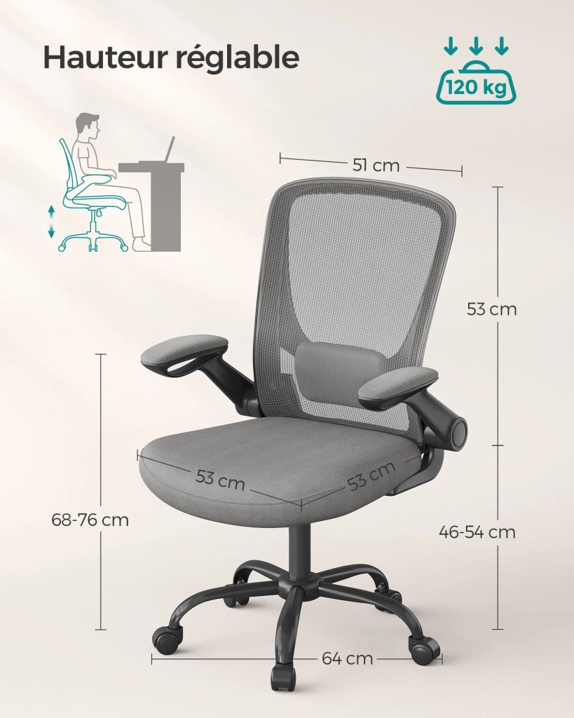 Sedia da ufficio con braccioli pieghevoli sedia da ufficio in tela seduta girevole a 360° supporto lombare regolabile salvaspazio grigio 12_0005864
