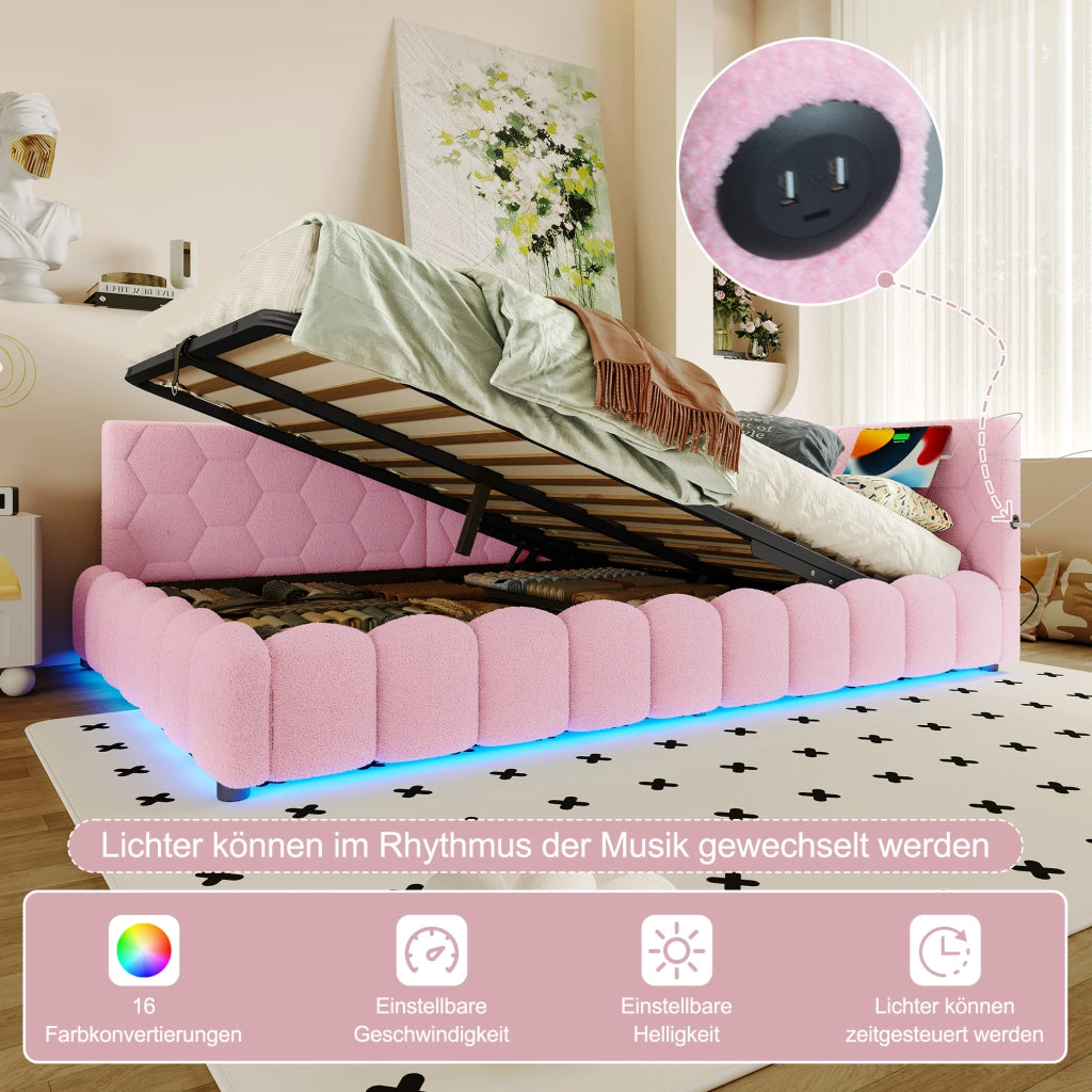 Letto a Divanetto 140x200 cm con Contenitore; LED; USB; Type-C; in Velluto Rosa
