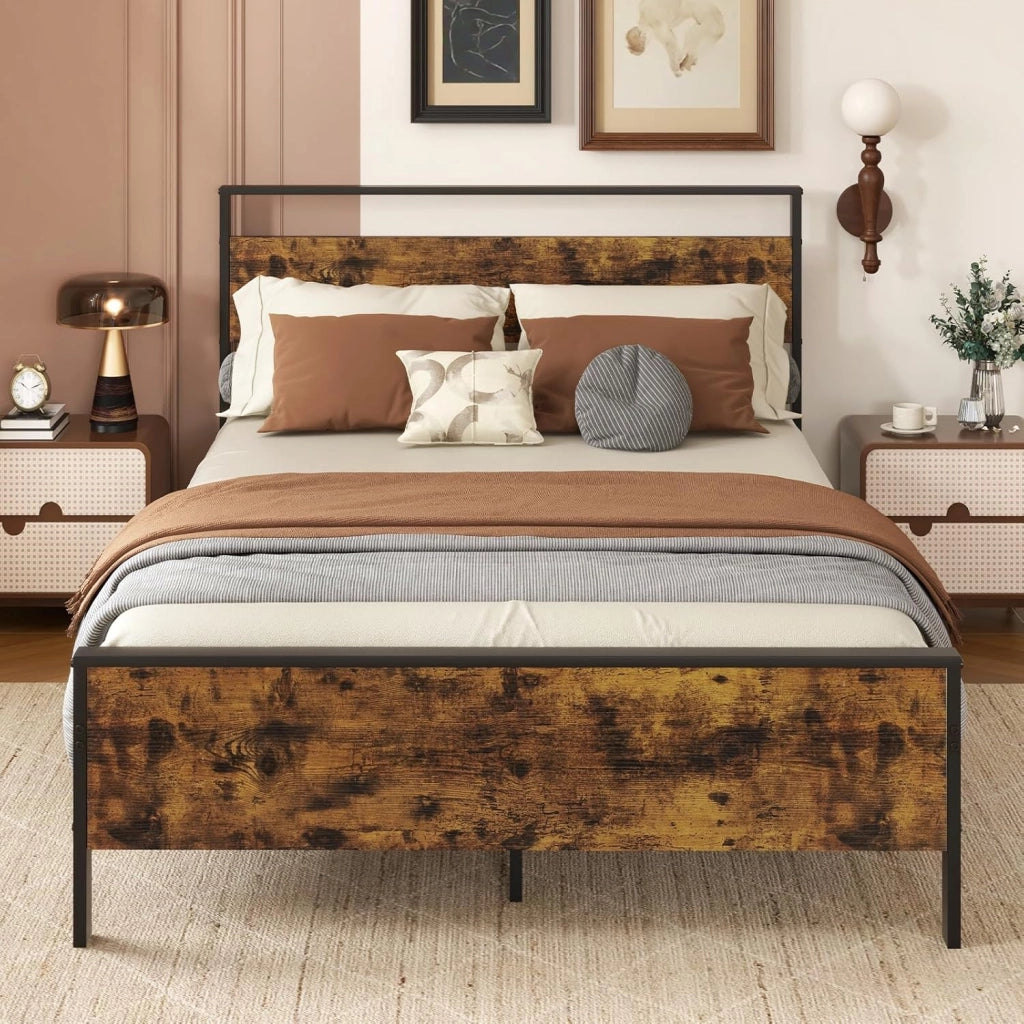 Struttura Letto Matrimoniale 200 x 140 cm, con Pediera e Testiera in Legno Industriale, Telaio da Letto con Doghe in Metallo Robusto, Carico Massimo 360 kg