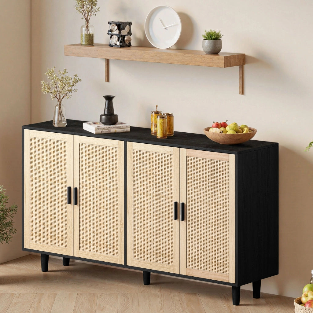 Armadio 4 Ante in Rattan ¨C Xylo ¨C Nero, Ripiani, Guardaroba, 158 cm