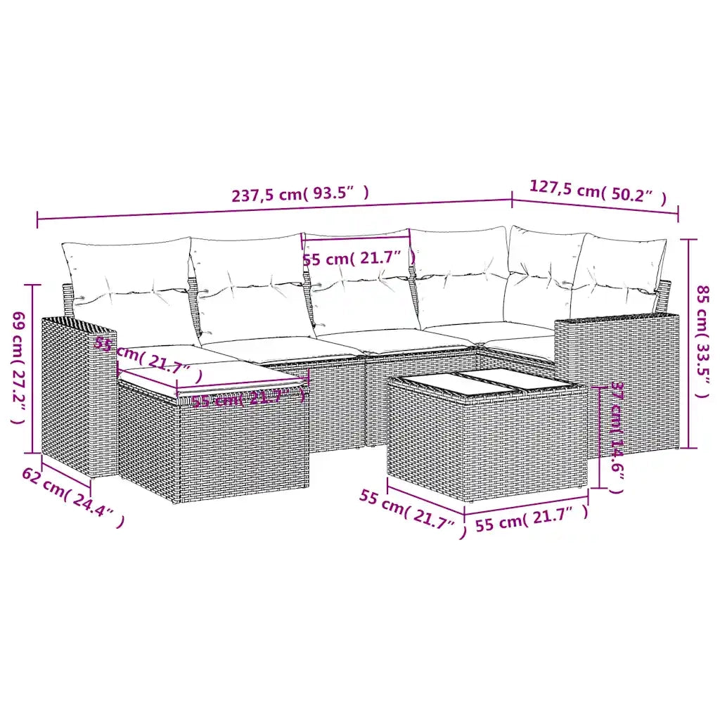 Set Divani da Giardino 7 pz con Cuscini Marrone in Polyrattan 3219263