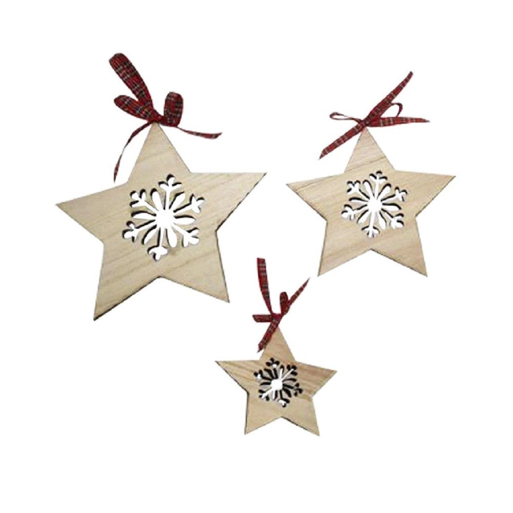 Trade Shop - Set 3pz Appendini Forma Stella In Legno Varie Misure Decorazioni Natalizie -