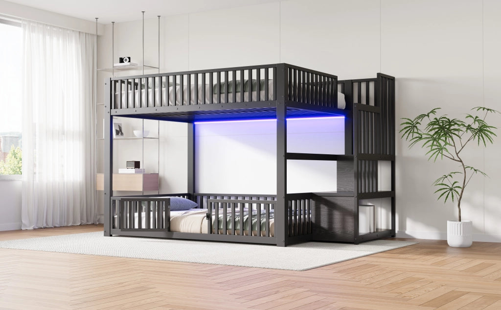 Letto a castello 140 × 200 cm con LED scala contenitore sponde protettive in metallo e MDF nero