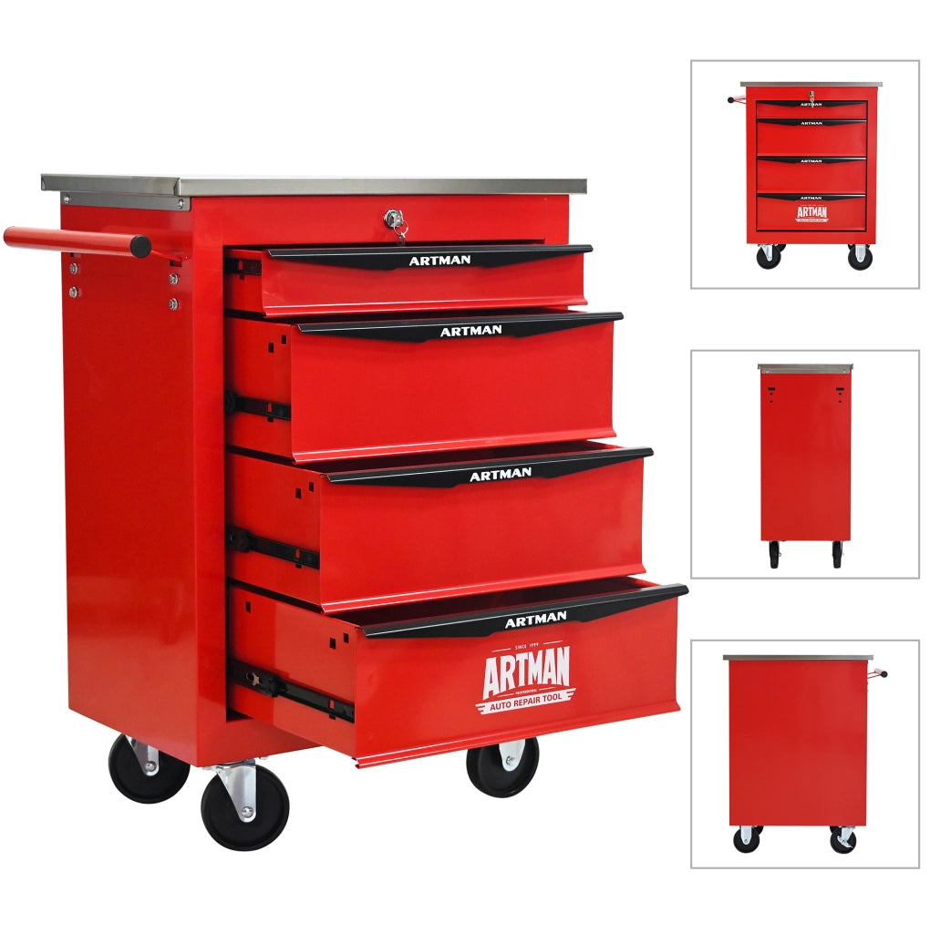 Carrello portautensili a 4 cassetti con ruote e serratura rosso e nero HOMVRA