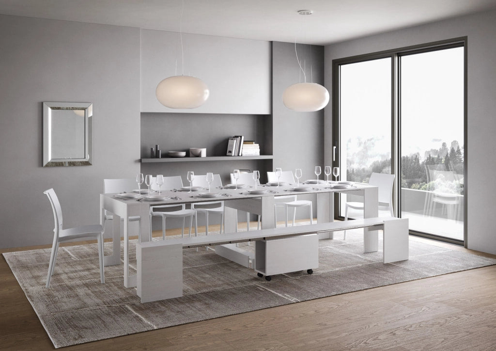 Consolle Tavolo Allungabile 90-302x42x75 cm Evolve Bianco Frassino con Panca Inferiore