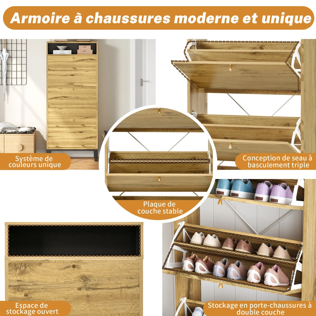 Mobile Scarpiera con 3 Ante a Ribalta e Vani Aperti; Stile Japandi; in MDF; 63×24×147 cm; Naturale