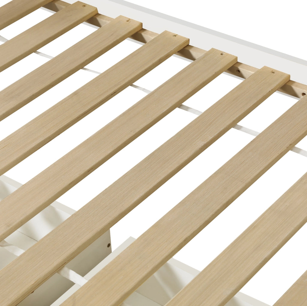 Letto a castello bianco 90x200 cm per bambini con scala contenitore; 2 cassetti e sponde di protezione