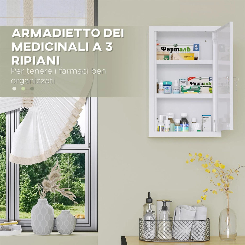 ARMADIETTO MEDICINALI A 3 RIPIANI IN ACCIAIO INOX CON 2 CHIAVI E MONTAGGIO A PARETE, 30X14X46 CM, BIANCO