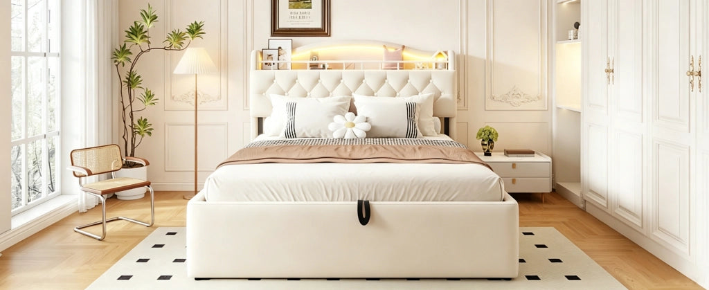 Letto contenitore 140 × 200 cm con sollevamento idraulico, USB e USB-C, vano testiera, senza materasso, beige