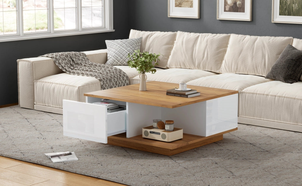 TAVOLO da caffè 70 x 70 x 31,5 cm Bianco e legno con 3 cassetti